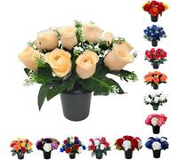 Pack of 1 Artificial Flowers for Graves in Pots 25cm | 12-Head Peach Grave Flower Pots for Christmas | Premium Memorial Flowers for Cemeteries, Funerals & Elegant Lasting Tributes | All-Season Display