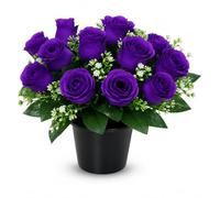 Pack of 1 Artificial Flowers for Graves in Pots 25cm | 12-Head Purple Grave Flower Pots for Christmas | Premium Memorial Flowers for Cemeteries,Funerals & Elegant Lasting Tributes | All-Season Display