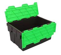 Pack of 1 - Plastic 55 Litre Heavy Duty Storage Box Tote Crates (60 x 40 x 30.6cm) Plastor Black with Green Attached Hinged Lids
