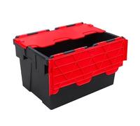 Pack of 1 - Plastic 65 Litre Heavy Duty Storage Box Tote Crates (60 x 40 x 36.5cm) Plastor Black with Red Attached Hinged Lids