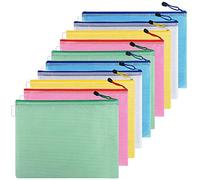 Pack of 10 A3 Plastic Zip Wallets - Durable Plastic Mesh Zip Bags with Waterproof Design, Smooth Zips & Hanging Cord - Colourful Zip Folders for Office, School, Travel, 24x17cm