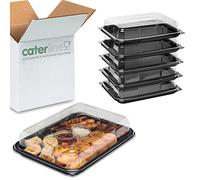 Pack of 10 | Caterline Online Small Rectangle Food Platter Tray Set, Black Tray Base with Clear Lid | Durable Buffet Catering Food/Sandwich Trays (L340mm x W250mm X D70mm With Lids)
