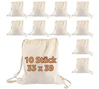 Pack of 10 Cotton Bags - Gym Bag 33 x 39 cm Sports Bag with Cord - Backpack, Bag, Jute Bag Tested Fabric Bag Women & Men - Gym Bag, Blank for Painting for Sports and Travel, beige, 34x40CM