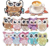 Pack of 10 Diamond Painting Coasters, DIY Owl Table Coasters, Glass Coasters, Diamond Art Painting Coaster Kits with Holder, for Beginners, Adults & Children
