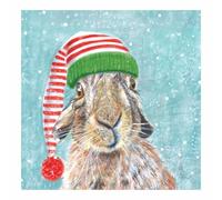 Pack of 10 Festive Charity Christmas & Happy New Year Cards with Envelopes - 14x14cm - Eco-Friendly & Recyclable (Hare in Festive Hat)