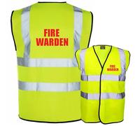 Pack of 10 Fire Warden Printed in Red Text, Yellow Hi Vis Safety Vest High Viz Waistcoat Supplied by Simply Hi Vis Clothing UK.