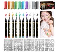Pack of 10 Glitter Tattoo Children's Tattoo Pens Set, Tattoo Pens, with 5 Sheets, 93 Temporary Tattoo Henna Stencils, for Children, Adults, Birthdays, Party, Halloween (10 Colours)