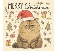 Pack of 10 Hand Drawn Design Humorous Grumpy Cat Merry Christmas Greeting Cards & Envelopes. Full Colour Inside with Christmas and New Year Message.