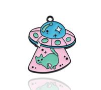 Pack of 10 Metal Enamel Cat Abduction UFO Space Pink Alien Craft Supplies Supply Resin Cabochon DIY Crafting Junk Charm Plastic Charms Flat Back Phone Custom Acrylic Jewellery Case Making 27-30mm