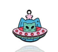 Pack of 10 Metal Enamel Pink Red Cat Abduction UFO Space Alien Craft Supplies Supply Resin Cabochon DIY Crafting Junk Charm Plastic Charms Flat Back Phone Custom Acrylic Jewellery Case Making 27-30mm
