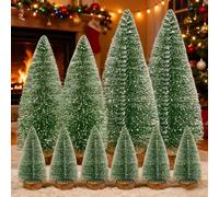 Pack of 10 Mini Artificial Christmas Trees with Snow Effect & Wooden Stand, 10-20 cm - Table, Window & DIY Christmas Decor