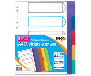 Pack of 10 Multicoloured A4 Extra Wide 5 Part Polypropylene Dividers Holepunched
