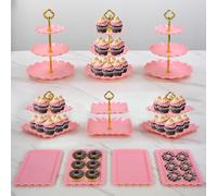 Pack of 10 NWK Cake Stand, Cupcake Stand, with 3 x Two-Tier Cupcake Stands, 3 x Three-Tier Cupcake Stands, 4 x Appetizer Trays, for Birthday Baby Bridal Shower Party (1, Pink)