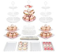 Pack of 10 NWK Cake Stand Set, Cupcake Stand, with 3 x Two-Tier and 3 x Three-Tier Cupcake Stands, 4 x Appetizer Trays, 1 x Tablecloth for Birthday Bridal Baby Shower Party (White)