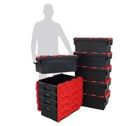 Pack of 10 - Plastic 45 Litre Heavy Duty Storage Box Tote Crates (60 x 40 x 25.5cm) Plastor Black Body with Red Attached Hinged Lids