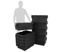 Pack of 10 - Plastic 45 Litre Heavy Duty Storage Boxes (60 x 40 x 25.5cm) Plastor Black Crates with Attached Hinged Lids