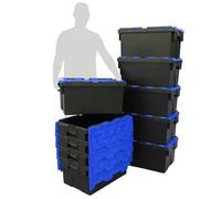 Pack of 10 - Plastic 55 Litre Heavy Duty Storage Box Tote Crates (60 x 40 x 30.6cm) Plastor Black with Blue Attached Hinged Lids