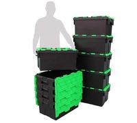 Pack of 10 - Plastic 55 Litre Heavy Duty Storage Box Tote Crates (60 x 40 x 30.6cm) Plastor Black with Green Attached Hinged Lids