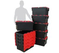 Pack of 10 - Plastic 55 Litre Heavy Duty Storage Box Tote Crates (60 x 40 x 30.6cm) Plastor Black with Red Attached Hinged Lids