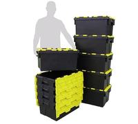 Pack of 10 - Plastic 55 Litre Heavy Duty Storage Box Tote Crates (60 x 40 x 30.6cm) Plastor Black with Yellow Attached Hinged Lids