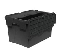 Pack of 10 - Plastic 65 Litre Heavy Duty Storage Boxes (60 x 40 x 36.5cm) Plastor Black Crates with Attached Hinged Lids