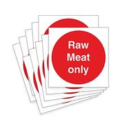 Pack of 10 Raw meat only signs - hygiene health and safety - 100mm x 100mm self adhesive vinyl label stickers
