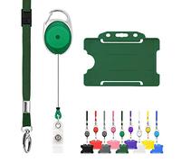 Pack of 10 Retractable Lanyard and Badge Holder Trio Triple Pack by LanyardsTomorrow - Set Includes Plain Lanyards, Extendable Carabiner Yoyo Reel Clips and Rigid ID Card Holders (Green)