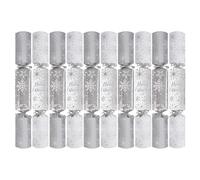 Pack of 10 Silver Snowflake Christmas Crackers - 14" Metallic White Festive Holly Foliage Xmas Holiday Dinner Table Decorations - Novelty Fun Prizes Gifts Contains Hats Jokes Recyclable Gifts