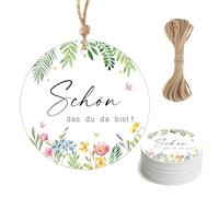 Pack of 100 Beautiful Dass Du Da Bist Gift Tags, Schön Dass Du Da Bist, Gift Tags for Labelling with Jute String for Communion, Birthday, Party, 5 cm x 5 cm (100-SCHÖN dass du DA BIST)