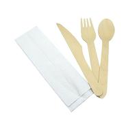 Pack of 100 - Individually Wrapped Mixed Wooden Cutlery Set (Fork, Knife, Spoon + Napkin/Tissue) - Ecofriendly, Compostable and Biodegradable Birch Wood Cutlery Set for Party, BBQ, Picnic & Catering