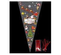 PACK OF 100 - MERRY CHRISTMAS - Unique Cellophane Cone Shape Sweet Party Bags