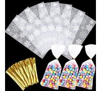 Pack of 100 Transparent Biscuit Bags, Snowflake Cellophane Pastry Bags, Candy Bar Sweet Bags with Metallic Ties for Confectionary, Biscuits