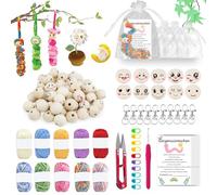 Pack of 102 Worry Worms Crochet Set, 50 Wooden Balls with Face, Lucky Worms, Equipped with Yarn, Key Ring, Knitting Needle, Card, Gauze Bag, Worry Worms Crochet Set for Beginners