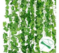 Pack of 12 Artificial Ivy Green with Nylon Cable Ties Plants Ivy Artificial Garland for Garden Wedding Party Wall Decoration - 2.2 m