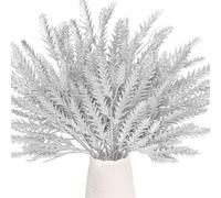 Pack of 12 Christmas Glitter Leaves, 38CM Glitter Artificial Christmas Picks Shiny Christmas Tree Decorations for Xmas Tree Ornaments Vase Fillers DIY Wreath Garland Flower Arrangement (Silver)