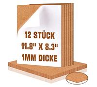 Pack of 12 Cork Boards, Self-Adhesive, 1 mm, Cork, Self-Adhesive, Thick Cork Board, DIY Pin Board, Cork, Self-Adhesive Cork Sheets for Photo, Bulletin Notes