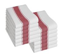 Pack of 12 Kitchen Tea Towels, Large 100% Cotton Commercial Grade Towels, Lint Free, White, Quick Drying, 75 x 50 cm, Red