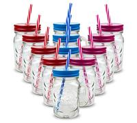 Pack of 12 Mason Jars with Handles, 500 ml Durable Drinking Glasses with Lids, Straws - Perfect for Cold Beverages Including Juices and Smoothies - Ergonomic and Comes in Attractive Hues and Designs