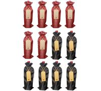 Pack of 12 Premium Burlap Wine Olive oil Gift Bag Set with Gift Tags - Reusable Drawstring Jute Covers Ideal for Christmas, Weddings, Parties, Blind Tastings, Travel, and Home Storage（Wine Red + Black