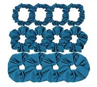 Pack of 12 Premium Satin Silk Scrunchies Hair Ties for All Hair Type Women Girls Ponytail Holder Elastic Hair Bands Scrunchy Accessories (Mix 3 Sizes Blue Peafowl)