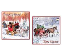 Pack of 12 Square Scenic Christmas Cards - Horse Drawn Stagecoach Sleigh with Red Foil