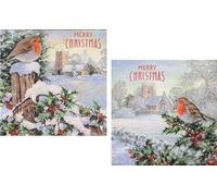 Pack of 12 Square Scenic Christmas Cards - Robin Holly and Church in Snow with Glitter