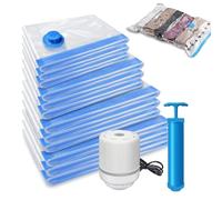 Pack of 12 Vacuum Compressed Storage Bags with Electric Pump & Hand Pump, Double Zip High Sealing Space Saver Bags for Clothes, Pillows, Comforters, Blankets, Bedding