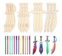 Pack of 12 Wooden Pirate Swords, Craft Set with 12 Pieces, Colourful, Self-Creative Pirate Sabres for Painting, Halloween Carnival Gifts