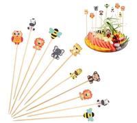 Pack of 120 Animal Cocktail Picks, 13 cm, Disposable Skewers for Finger | With lion, tiger, elephant, giraffe, 8 animal motifs, wooden skewers for fruit, party, children's birthday, summer party, BBQ