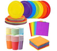 Pack of 120 Colourful Paper Party Tableware, 30 x 23 cm Dinner Plates, Salad Plates, 30 x 270 ml Cups, 30 x 25 cm Napkins, Party Tableware Set for Neon Fiesta Rainbow Party Decoration