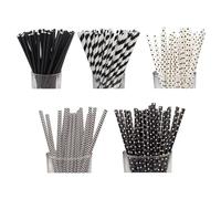 Pack of 125 Cocktail Straws, Black and White Striped, Polka Dot Paper Straws, 5 Styles Paper Straws for Wedding, Birthday, Party, Cocktail Decoration