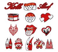 Pack of 14 Carnival Iron-On Patches, Red and White, Cologne Alaaf Hippie Heart Iron-On Patch, Cologne Carnival Sew-On Iron-On Stickers for Clothing Accessories