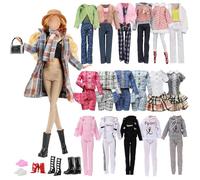 Pack of 14 Clothing and Accessories Compatible with Barbie, 1 Coat Set, 1 Checked Coat Set, 1 Sportswear, 1 Winter Set, 1 Skirt, 2 Pockets, 5 Shoes, Hat, Scarf, Random for 11.5 Inch Dolls, Gift for