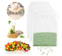 Pack of 15 Nut Milk Bags, Straining Cloth Reusable, Finely Woven Straining Cloth Nylon Filter Bag Nut Milk Bag Organic Washable with Drawstring for Nut Milk Cheese Coffee Yoghurt Fruit Juice